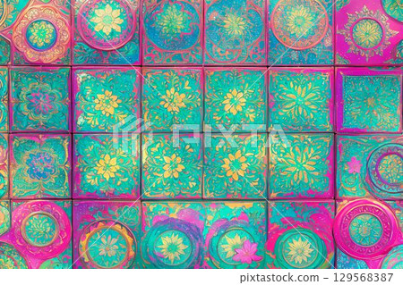 美麗的曼陀羅圖案牆，以翠綠色、粉紅色和金色為主色調 129568387