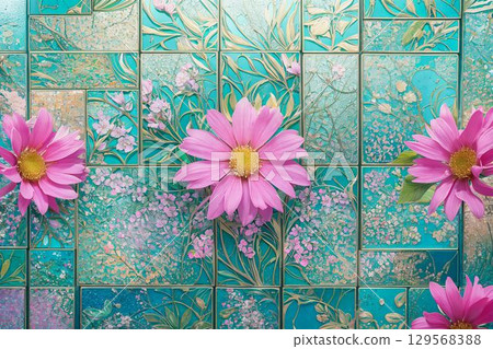 翠綠色和粉紅色花卉牆飾 翠綠色和粉紅色花卉牆飾 129568388