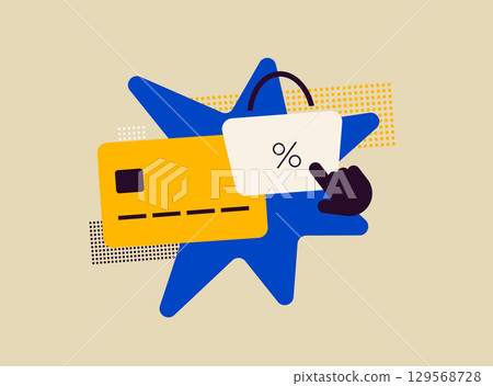 Discount promotion with credit card and shopping bag showing percentage sign, symbolizing special offers, sales. Cashback for online stores, e-commerce ads and digital marketing, vector illustration 129568728