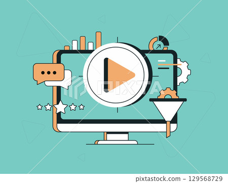 Video marketing analytics on computer screen with play button, growth chart and conversion funnel. Audience engagement and video marketing campaign performance. Digital promotion vector illustration 129568729