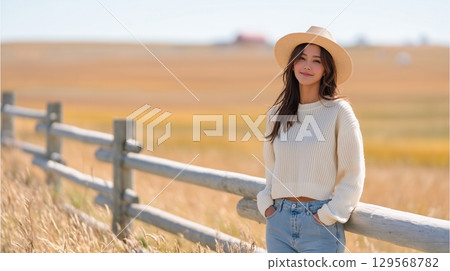 Young woman leaning against ranch fence 129568782