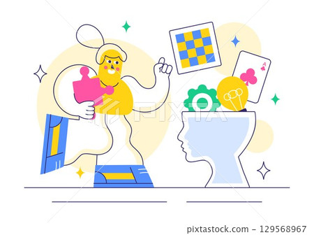 Brain Training Games Vector Illustration featuring People Having Fun with Riddles, Crosswords, Logic Game, and Puzzle Solving in a Flat Background 129568967