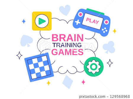Brain Training Games Vector Illustration featuring People Having Fun with Riddles, Crosswords, Logic Game, and Puzzle Solving in a Flat Background 129568968
