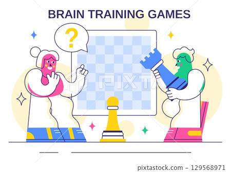 Brain Training Games Vector Illustration featuring People Having Fun with Riddles, Crosswords, Logic Game, and Puzzle Solving in a Flat Background Brain Training Games Vector Illustration featuring People Having Fun with Riddles, Crosswords, Logic Game, and Puzzle Solving in a Flat Background 129568971