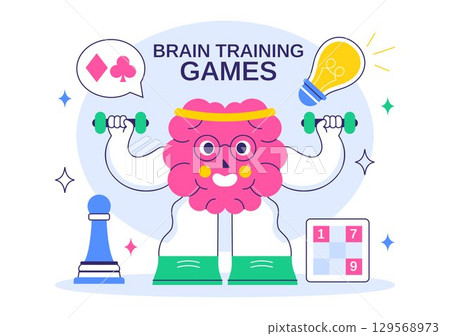Brain Training Games Vector Illustration featuring People Having Fun with Riddles, Crosswords, Logic Game, and Puzzle Solving in a Flat Background 129568973