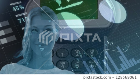Image of data processing over calculator and caucasian woman 129569061