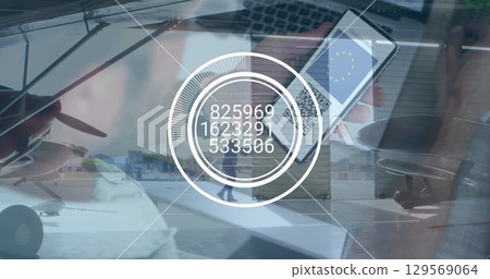 Image of data processing over smartphone with qr code and airport Image of data processing over smartphone with qr code and airport 129569064