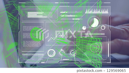 Image of data processing over hand using laptop 129569065