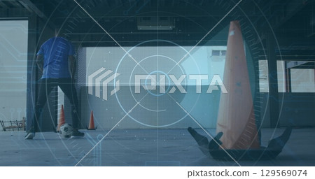 Image of scope scanning with data processing over african american man playing football at gym Image of scope scanning with data processing over african american man playing football at gym 129569074