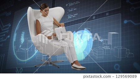 Image of digital city and data processing over caucasian woman using laptop 129569089