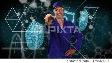Image of shapes and data processing over caucasian man holding keys Image of shapes and data processing over caucasian man holding keys 129569093