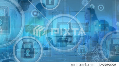 Image of tech icons over diverse coworkers in office 129569096