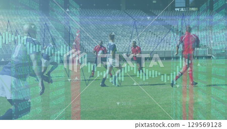 Image of colourful squares over male rugby players at stadium Image of colourful squares over male rugby players at stadium 129569128