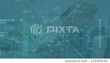 Image of financial data and graphs over diverse female coworkers in office Image of financial data and graphs over diverse female coworkers in office 129569149