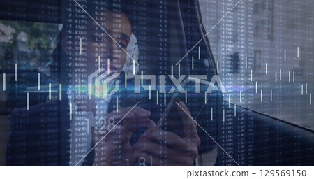 Image of data processing over caucasian businesswoman using smartphone 129569150