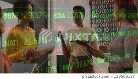 Image of financial data and graphs over diverse female coworkers in office Image of financial data and graphs over diverse female coworkers in office 129569157