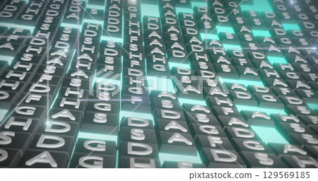 Image of glowing light trails over rows of green letters sequencing moving in background 129569185