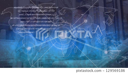 Image of network of connections and world map over two diverse business people 129569186