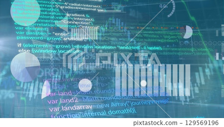 Image of graphs, data and data processing on blue background Image of graphs, data and data processing on blue background 129569196
