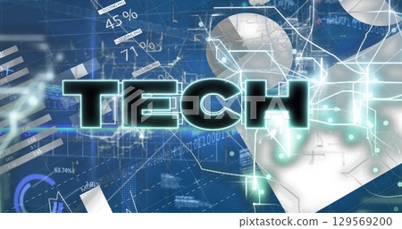 Glowing word TECH shining in digital environment, with pie chart segments, data nodes, binary code 129569200