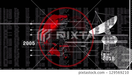 Image of satellite over globe and numbers processing on black background Image of satellite over globe and numbers processing on black background 129569210