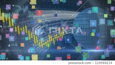 Displaying binary-data sphere on right of data grid with chart bars and icons, copy space Displaying binary-data sphere on right of data grid with chart bars and icons, copy space 129569214