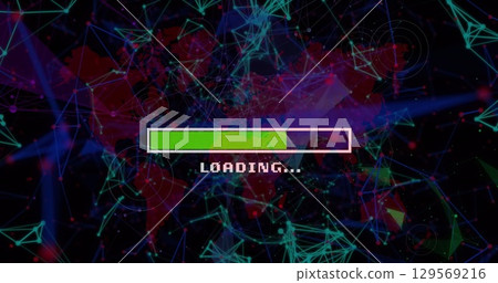 Floating progress bar showing green fill pixel LOADING on screen with world map and network nodes 129569216