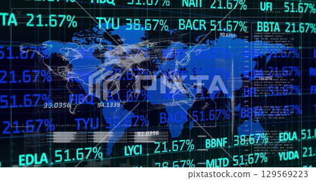 Image of graphs, financial data and world map on black digital screen 129569223