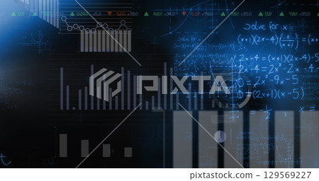 Image of digital multiple graphs, chart, data moving with mathematical formulas 129569227