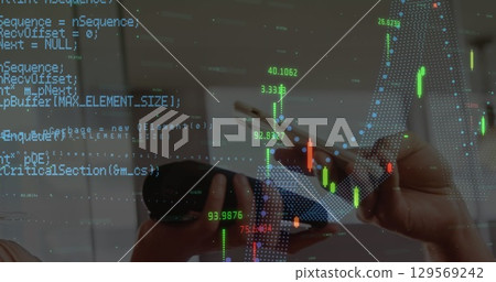 Image of data processing with graph over diverse people paying with smartphone Image of data processing with graph over diverse people paying with smartphone 129569242