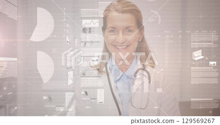 Image of digital interface screen with charts and data over portrait of caucasian female doctor 129569267