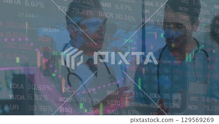 Image of financial data processing over smiling caucasian male doctor 129569269