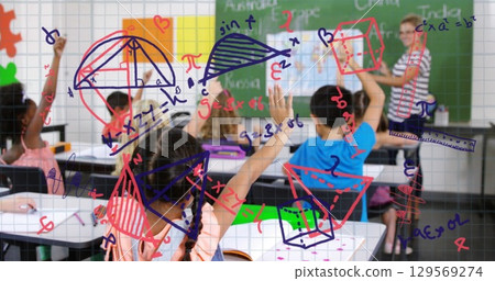 Image of school icons over diverse school children with diverse school Image of school icons over diverse school children with diverse school 129569274
