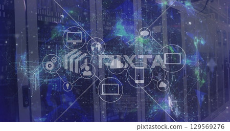 Image of data processing and globe with icons over server room 129569276