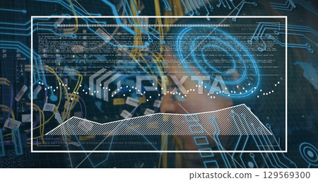 Image of digital screen over computer wires and caucasian woman checking servers 129569300