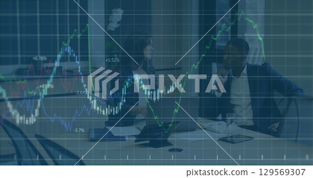 Image of graphs over diverse businesspeople in office Image of graphs over diverse businesspeople in office 129569307