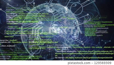 Image of digital screen with data, connections and globe on navy background 129569309