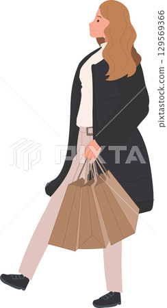 fashionable woman walking with shopping bags winter outfit casual style 129569366