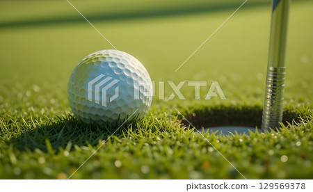 Golf Ball on Green Field at a Distance from Hole | 4K Ultra Realistic Close Up. Golf Ball on Green Field at a Distance from Hole | 4K Ultra Realistic Close Up. 129569378