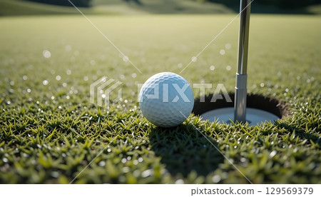 Golf Ball on Green Field at a Distance from Hole | 4K Ultra Realistic Close Up. 129569379