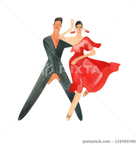 ProAm couple dancing jive joyfully at the show. Adult dancing as a hobby. Woman in red dress. Isolated watercolor illustration for advertising a dance studio or a diploma at a competition. 129569390