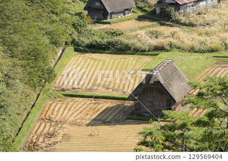 Thatched roofs of Shirakawa-go as seen from the castle ruins observation deck Thatched roofs of Shirakawa-go as seen from the castle ruins observation deck 129569404