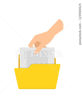 Hand placing a document into a yellow folder. Vector Illustration stock illustration Hand placing a document into a yellow folder. Vector Illustration stock illustration 129569424