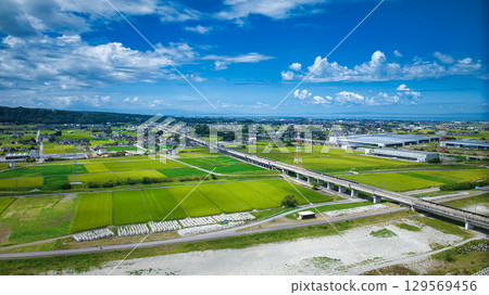 The Kurobe River in the Kurobe River alluvial fan, the Hokuriku Shinkansen viaduct, the Hokuriku Expressway, and other roads in summer 129569456