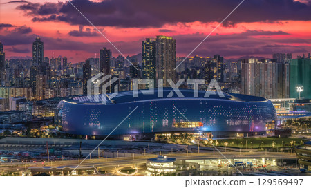 Aug 10 2025 Kai Tak Stadium bathed in twilight glow 129569497