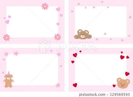 Pink frame set with teddy bear, puppy, flower, heart for decoration, polaroid photo, rectangle ad template, social media post, banner, notepad, sticky note, memo, paper design, poster, Valentine's Day 129569593