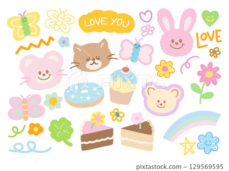Cute vector illustration of teddy bear, cat, pink bunny, butterfly, cake, donut, flowers, clover leaf for animals, cartoon character, cute patches, kid doll, plush toy, sweet dessert, comic, brooch	 129569595