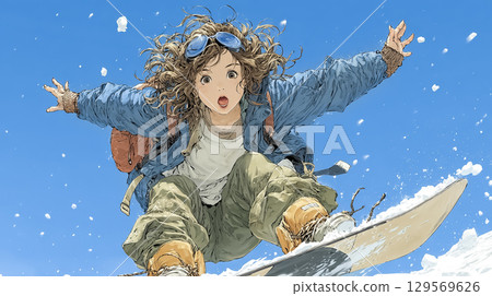 Miyu系列：女子單板滑雪選手在粉雪中滑雪的插畫 129569626