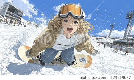 一位女滑雪運動員在粉雪上暢快滑行的插圖 一位女滑雪運動員在粉雪上暢快滑行的插圖 129569627