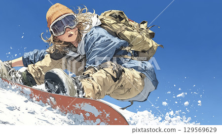 Miyu系列:女子單板滑雪選手在粉雪中滑雪的插畫 Miyu系列:女子單板滑雪選手在粉雪中滑雪的插畫 129569629